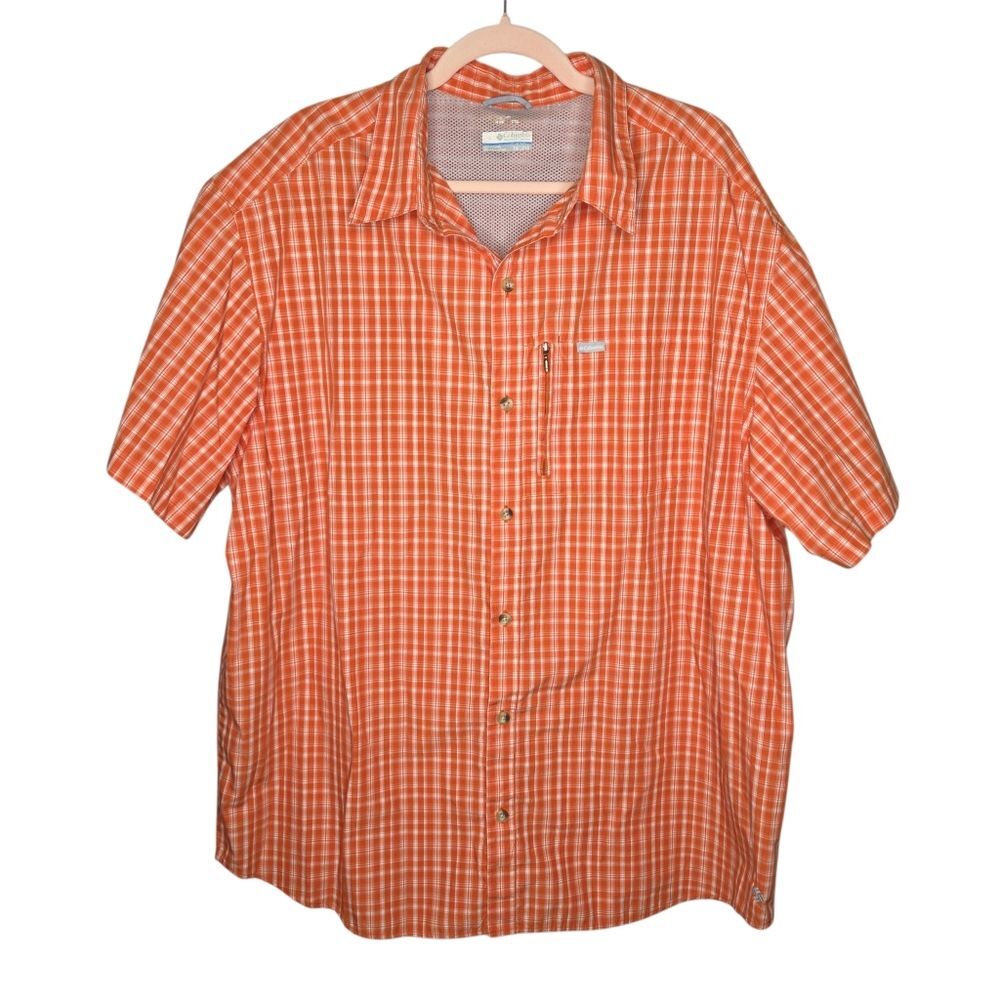 Columbia Men's PFG Orange Plaid Outdoor Utility Button-Down Shirt, Size XXL